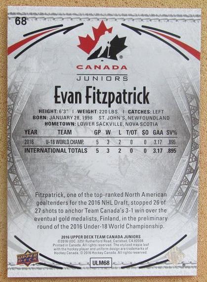 НХЛ Эван Фицпатрик Канада № 68 1