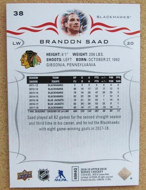 НХЛ Брендон Саад Чикаго Блэкхокс № 38 1