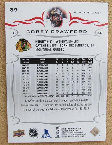 НХЛ Кори Кроуфорд Чикаго Блэкхокс № 39 1