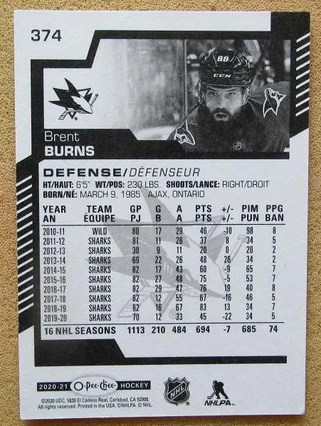 НХЛ Брент Бернс Сан-Хосе Шаркс № 374 1
