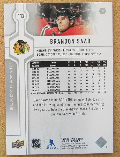 НХЛ Брендон Саад Чикаго Блэкхокс № 112 1