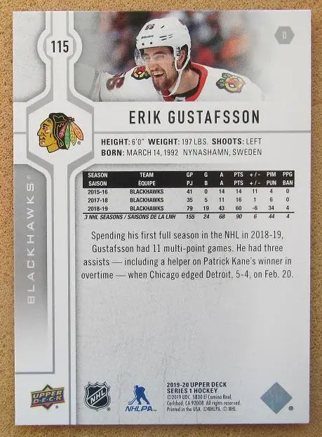 НХЛ Эрик Густафссон Чикаго Блэкхокс № 115 1