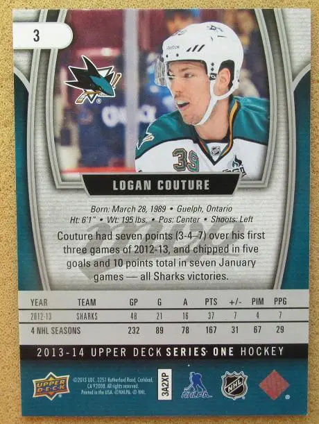 НХЛ Логан Кутюр Сан-Хосе Шаркс № 3 автограф 1