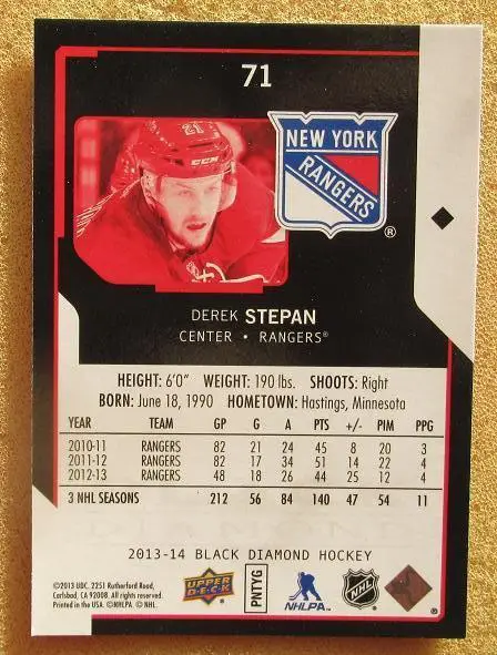 НХЛ Дерек Степан Нью-Йорк Рейнджерс № 71 1