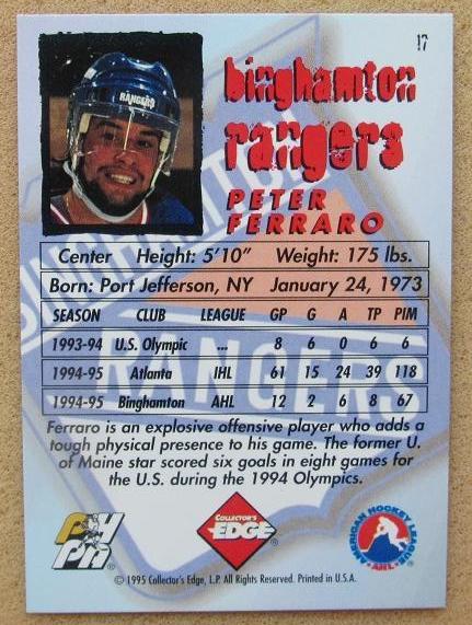 НХЛ Питер Ферраро Бингемтон Рейнджерс № 17 1
