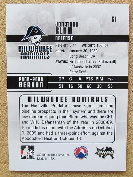 НХЛ Джонатон Блум Милуоки Эдмиралс № 61 1