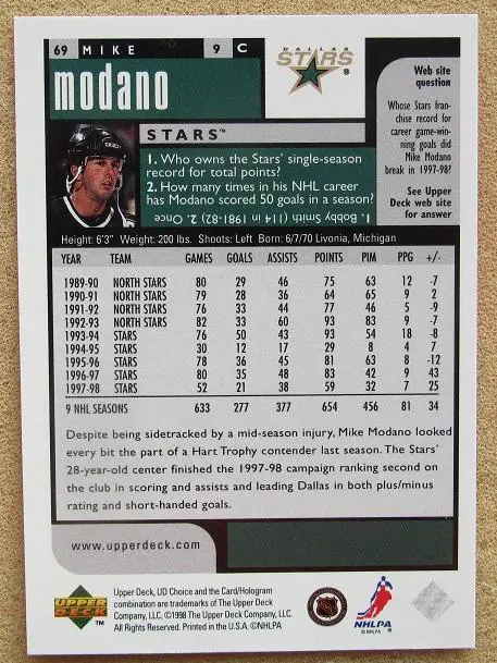 НХЛ Майк Модано Даллас Старз № 69 1