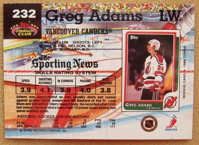 НХЛ Грег Адамс Ванкувер Кэнакс № 232 1