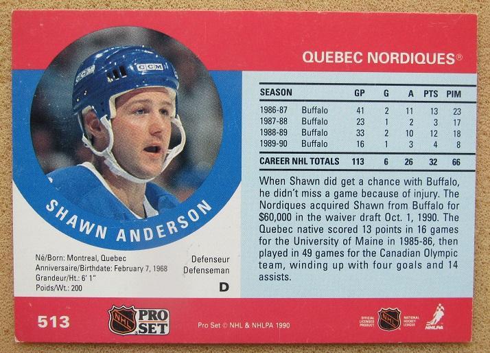 НХЛ Шоун Андерсон Квебек Нордикс № 513 1