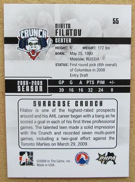 НХЛ Никита Филатов Сиракьюз Кранч ЦСКА Москва Уфа Югра Нижний Владик № 55 1