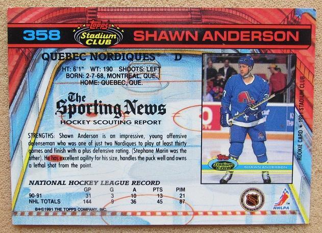 НХЛ Шоун Андерсон Квебек Нордикс № 358 1