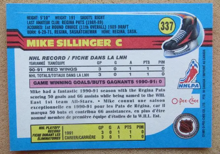НХЛ Майк Силлинджер Детройт Ред Уингз № 337 1
