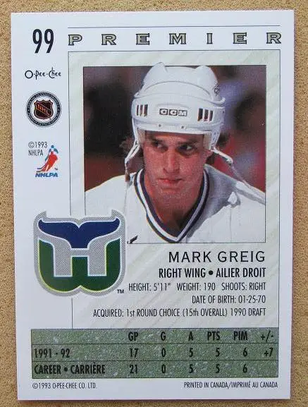 НХЛ Марк Грейг Хартфорд Уэйлерс № 99 1