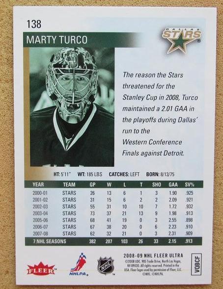 НХЛ Марти Турко Даллас Старз № 138 1