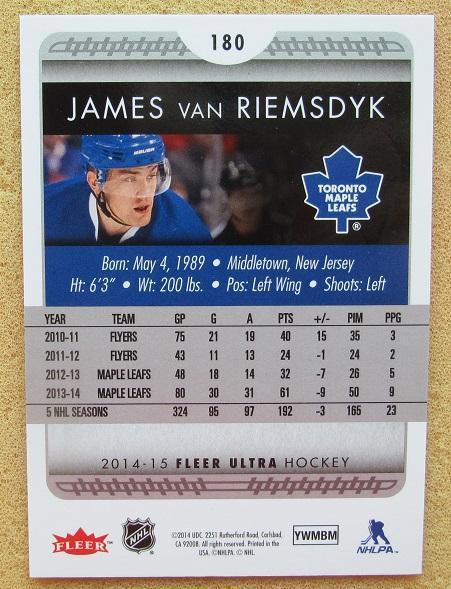 НХЛ Джеймс Ван Римсдайк Торонто Мэйпл Лифс № 180 1