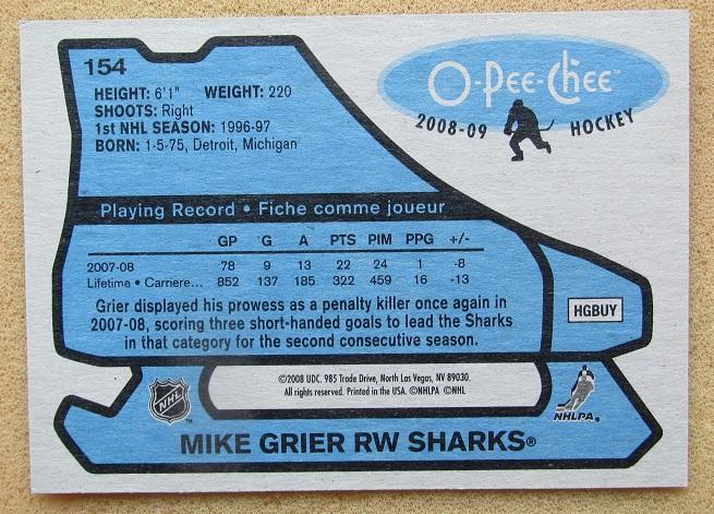 НХЛ Михаэль Гриер Сан-Хосе Шаркс № 154 1