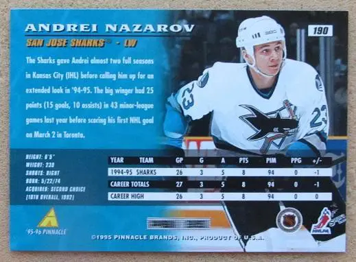НХЛ Андрей Назаров Сан-Хосе Шаркс Динамо Москва Новокузнецк Омск № 190 1