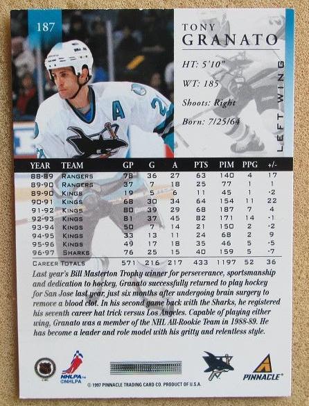 НХЛ Тони Гранато Сан-Хосе Шаркс № 187 1