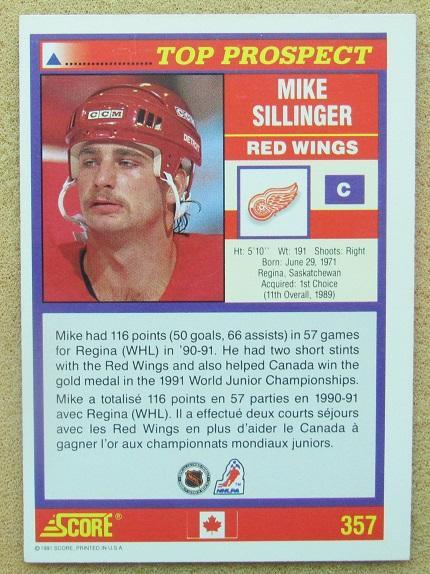 НХЛ Майк Силлинджер Детройт Ред Уингз № 357 can 1