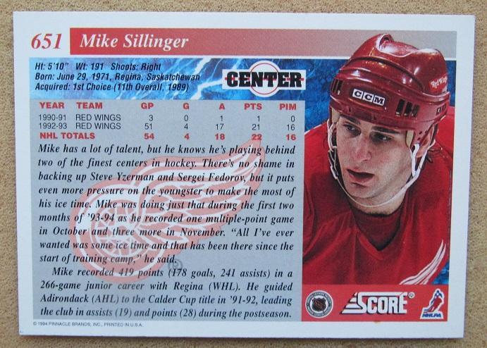 НХЛ Майк Силлинджер Детройт Ред Уингз № 651 1