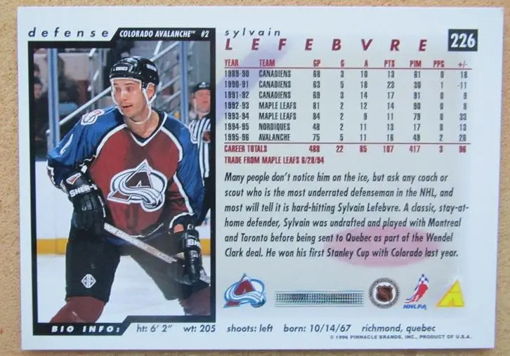НХЛ Сильвен Лефевр Колорадо Эвеланш № 226 1