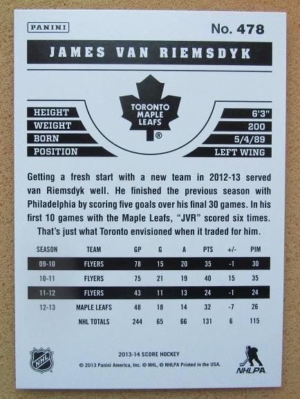 НХЛ Джеймс Ван Римсдайк Торонто Мэйпл Лифс № 478 1