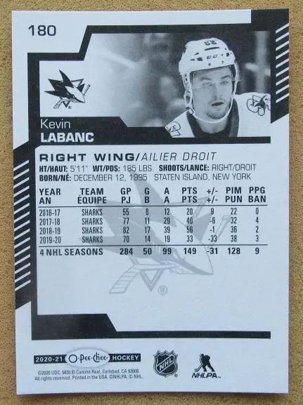 НХЛ Кевин Лабанк Сан-Хосе Шаркс № 180 1