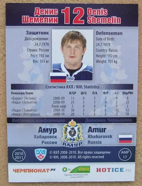 КХЛ Денис Шемелин Амур Хабаровск № АМР-017 1