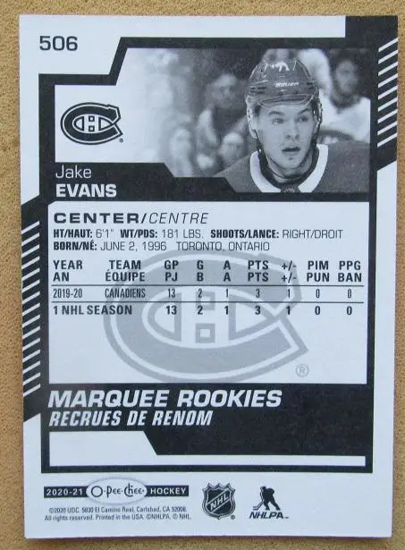 НХЛ Джейк Эванс Монреаль Канадиенс № 506 1