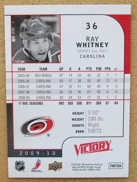 НХЛ Рей Уитни Каролина Харрикейнз № 36 1