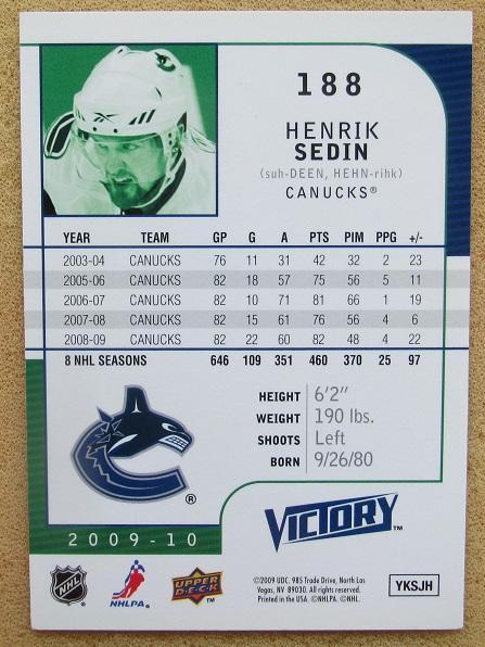 НХЛ Хенрик Седин Ванкувер Кэнакс № 188 1