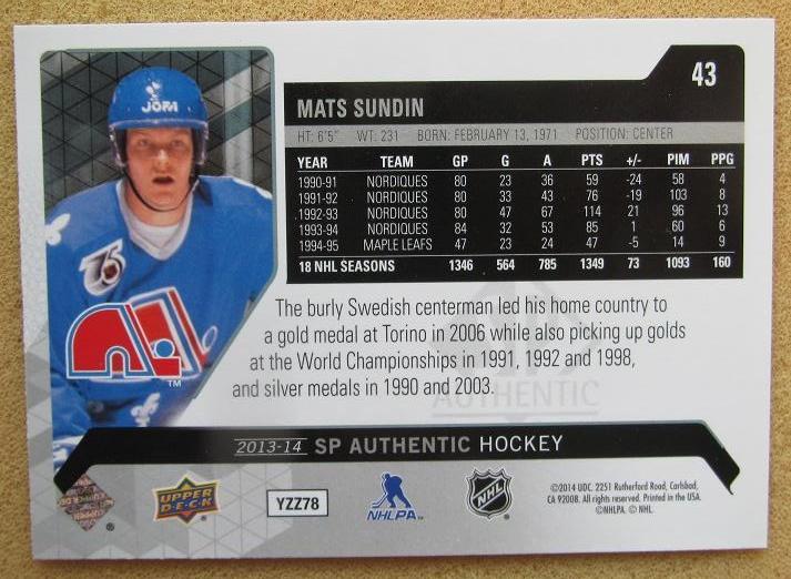 НХЛ Матс Сундин Квебек Нордикс № 43 1