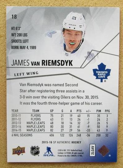 НХЛ Джеймс Ван Римсдайк Торонто Мэйпл Лифс № 18 1