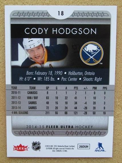 НХЛ Коди Ходжсон Баффало Сейбрз № 18 1