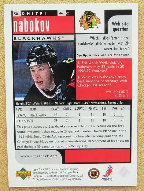 НХЛ Дмитрий Набоков Чикаго Блэкхокс КС Тольятти Новокузнецк Сибирь № 50 1
