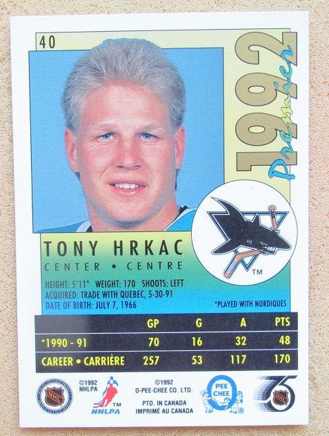 НХЛ Тони Хркач Сан-Хосе Шаркс № 40 1