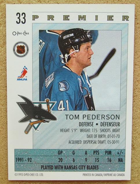 НХЛ Том Педерсон Сан-Хосе Шаркс № 33 1