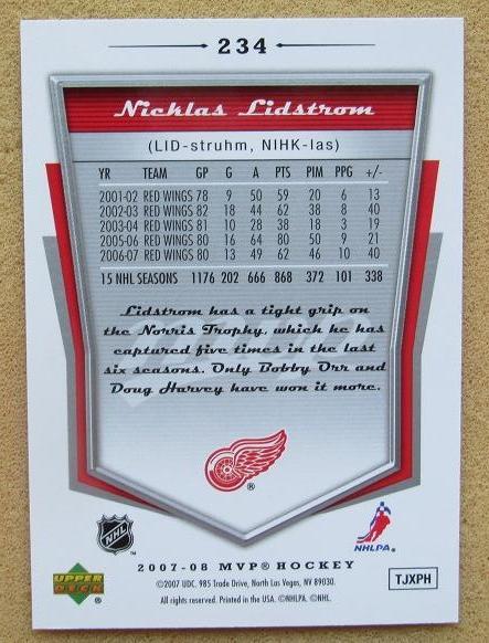 НХЛ Никлас Лидстрем Детройт Ред Уингз № 234 автограф 1