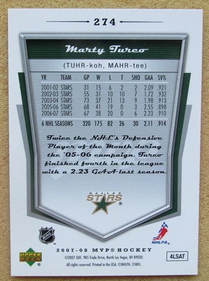 НХЛ Марти Турко Даллас Старз № 274 автограф 1