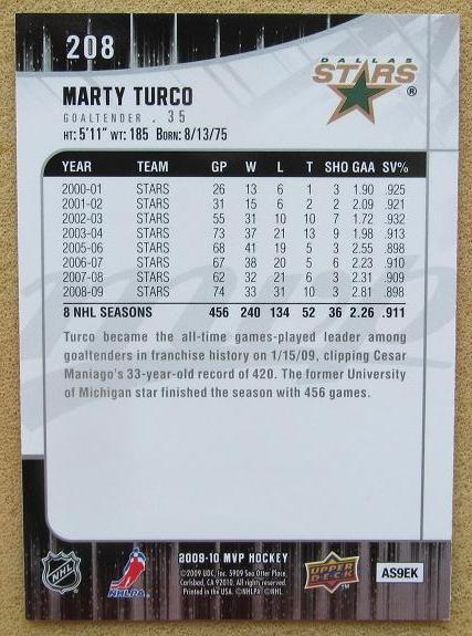 НХЛ Марти Турко Даллас Старз № 208 автограф 1