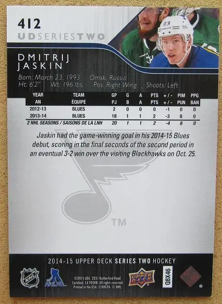 НХЛ Дмитрий Яшкин Сент-Луис Блюз Динамо Москва № 412 1