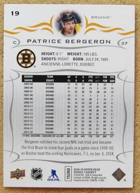 НХЛ Патрис Бержерон Бостон Брюинз № 19 1