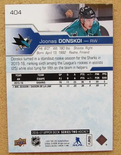 НХЛ Йоонас Донской Сан-Хосе Шаркс № 404 1