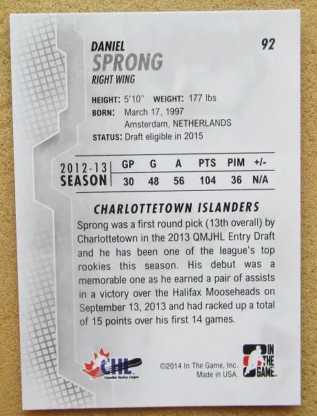 НХЛ Даниэль Спронг Шарлоттаун Айлендерс ЦСКА Москва № 92 1