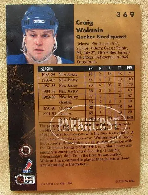 НХЛ Крейг Воланин Квебек Нордикс № 369 1