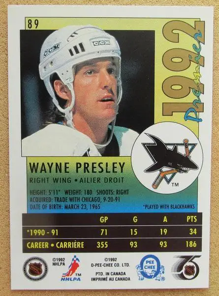 НХЛ Уэйн Пресли Сан-Хосе Шаркс № 89 1