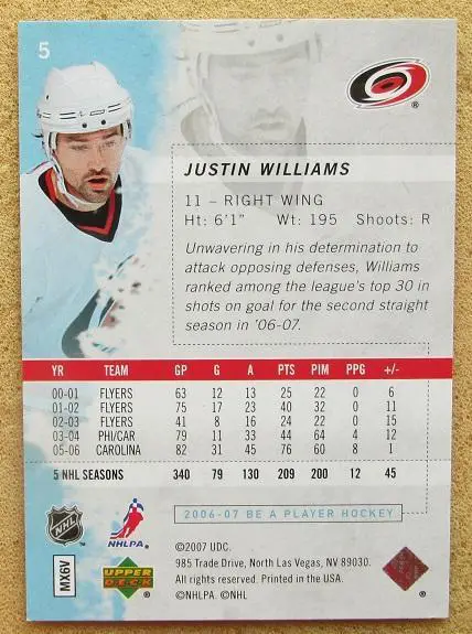 НХЛ Джастин Уильямс Каролина Харрикейнз № 5 1