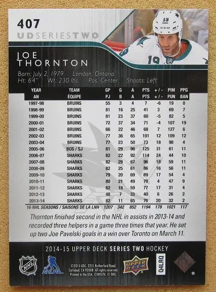 НХЛ Джо Торнтон Сан-Хосе Шаркс № 407 1