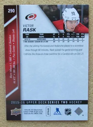 НХЛ Виктор Раск Каролина Харрикейнз № 290 1