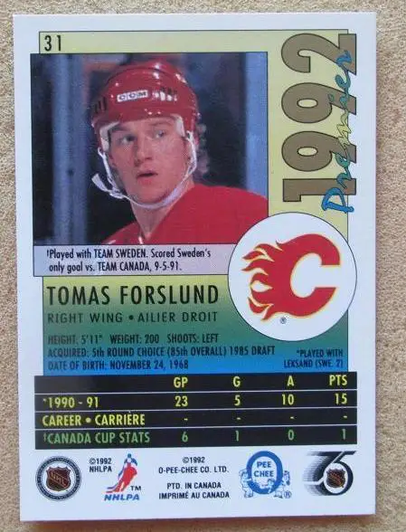 НХЛ Томас Форслунд Калгари Флэймз № 31 1